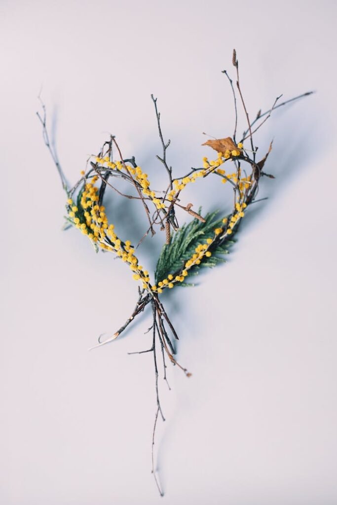 pexels-photo-11168075 A creative heart shape made from twigs and yellow flowers on a white background.